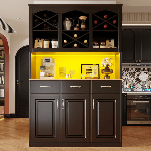 Armário de cozinha de mdf com 3 portas,3 gavetas e luz led,preto