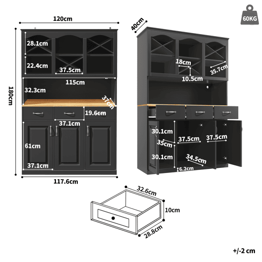 Armário de cozinha de mdf com 3 portas,3 gavetas e luz led,preto