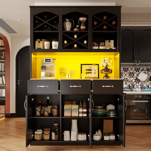 Armário de cozinha de mdf com 3 portas,3 gavetas e luz led,preto