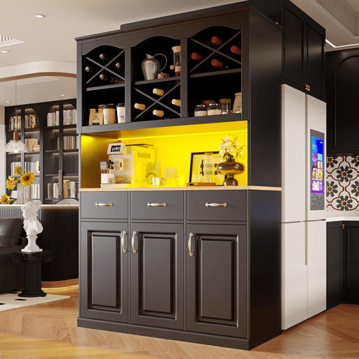 Armário de cozinha de mdf com 3 portas,3 gavetas e luz led,preto