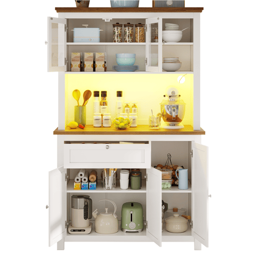 Armário de cozinha de mdf com 5 portas,1 gaveta e luz led,branco+madeira