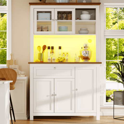 Armário de cozinha de mdf com 5 portas,1 gaveta e luz led,branco+madeira
