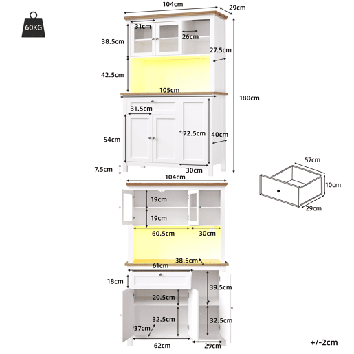 Armário de cozinha de mdf com 5 portas,1 gaveta e luz led,branco+madeira