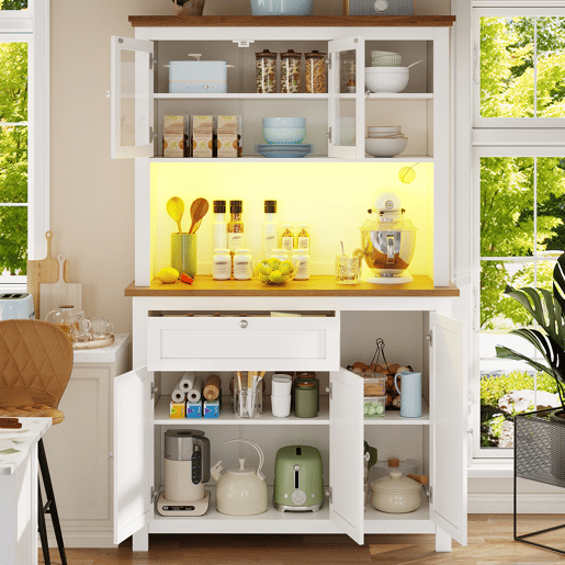 Armário de cozinha de mdf com 5 portas,1 gaveta e luz led,branco+madeira