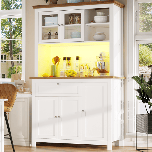 Armário de cozinha de mdf com 5 portas,1 gaveta e luz led,branco+madeira