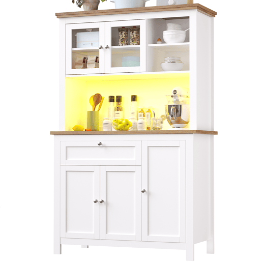 Armário de cozinha de mdf com 5 portas,1 gaveta e luz led,branco+madeira