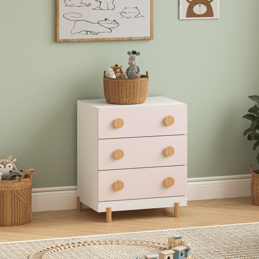 Cómoda infantil Vaarentaa com 3 gavetas 55x41x66 cm BrancoRosa en.casa