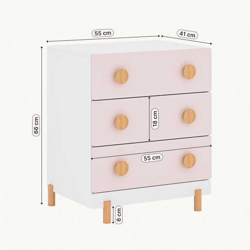 Cómoda infantil Vaarentaa com 3 gavetas 55x41x66 cm BrancoRosa en.casa
