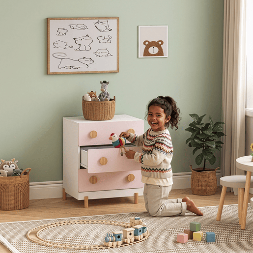 Cómoda infantil Vaarentaa com 3 gavetas 55x41x66 cm BrancoRosa en.casa