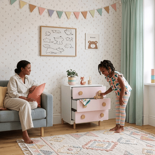 Cómoda infantil Vaarentaa com 3 gavetas 55x41x66 cm BrancoRosa en.casa