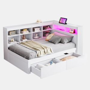 Cama de solteiro de madeira maciça 90x200 cm com luz led,branco