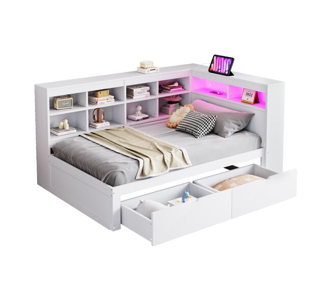 Cama individual de madera maciza 90x200 cm con luz led,blanco