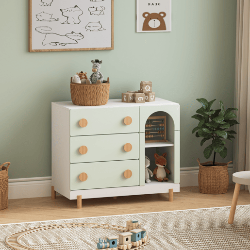 Cómoda infantil Vaarentaa com 3 gavetas + 2 compartimentos 79x41x66 cm BrancoVerde menta en.casa Cómoda infantil Vaarentaa com 3 gavetas + 2 compartimentos 79x41x66 cm BrancoVerde menta en.casa