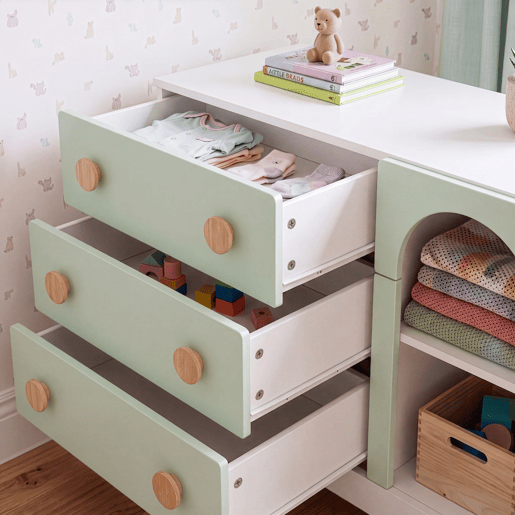 Cómoda infantil Vaarentaa com 3 gavetas + 2 compartimentos 79x41x66 cm BrancoVerde menta en.casa Cómoda infantil Vaarentaa com 3 gavetas + 2 compartimentos 79x41x66 cm BrancoVerde menta en.casa