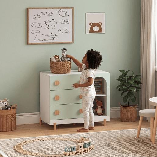 Cómoda infantil Vaarentaa com 3 gavetas + 2 compartimentos 79x41x66 cm BrancoVerde menta en.casa Cómoda infantil Vaarentaa com 3 gavetas + 2 compartimentos 79x41x66 cm BrancoVerde menta en.casa