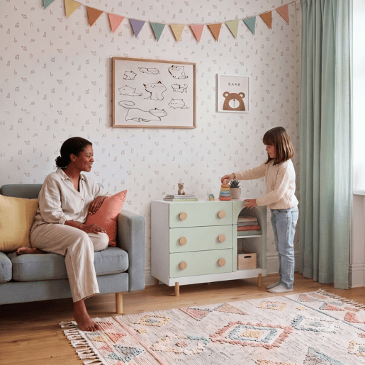 Cómoda infantil Vaarentaa com 3 gavetas + 2 compartimentos 79x41x66 cm BrancoVerde menta en.casa Cómoda infantil Vaarentaa com 3 gavetas + 2 compartimentos 79x41x66 cm BrancoVerde menta en.casa