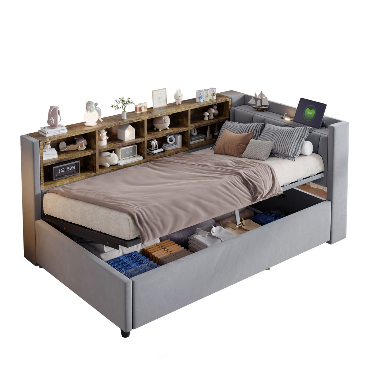 Cama individual de terciopelo 90x200 cm con almacenaje,gris claro