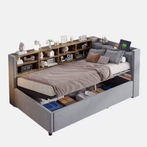 Cama de solteiro de veludo 90x200 cm com armazenamento,cinza claro