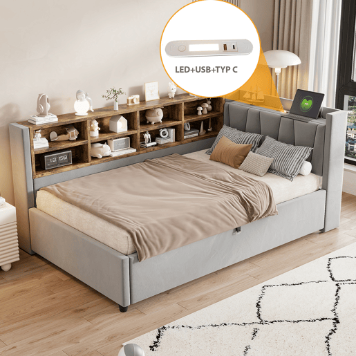 Cama de solteiro de veludo 90x200 cm com armazenamento,cinza claro Cama de solteiro de veludo 90x200 cm com armazenamento,cinza claro
