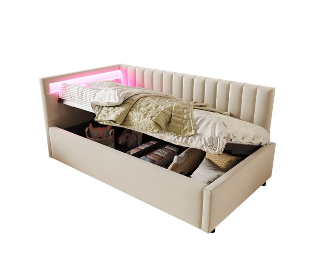 Cama individual de terciopelo 90x200 cm con almacenaje y luz led,beige