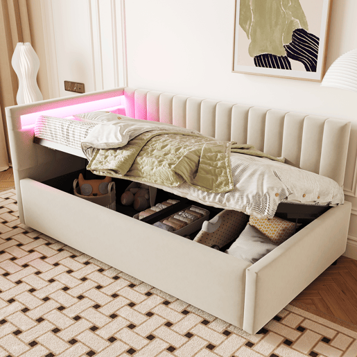 Cama de solteiro de veludo 90x200 cm com armazenamento e luz led,bege Cama de solteiro de veludo 90x200 cm com armazenamento e luz led,bege