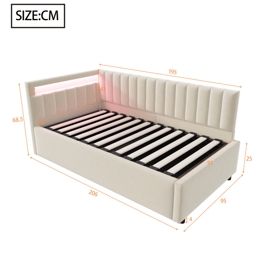 Cama de solteiro de veludo 90x200 cm com armazenamento e luz led,bege Cama de solteiro de veludo 90x200 cm com armazenamento e luz led,bege