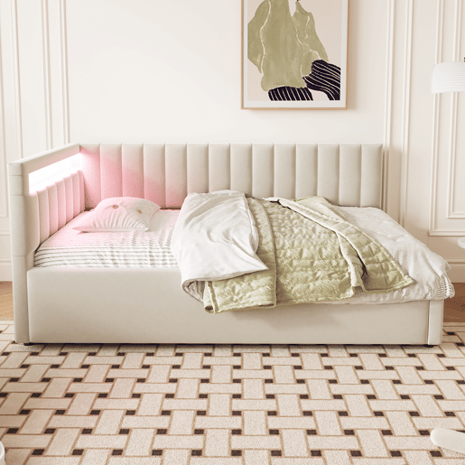Cama de solteiro de veludo 90x200 cm com armazenamento e luz led,bege Cama de solteiro de veludo 90x200 cm com armazenamento e luz led,bege