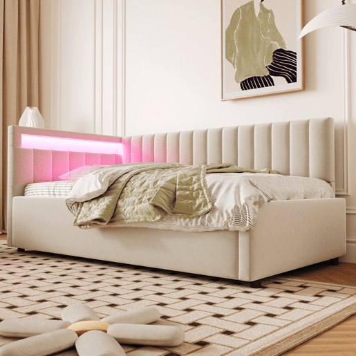 Cama de solteiro de veludo 90x200 cm com armazenamento e luz led,bege Cama de solteiro de veludo 90x200 cm com armazenamento e luz led,bege