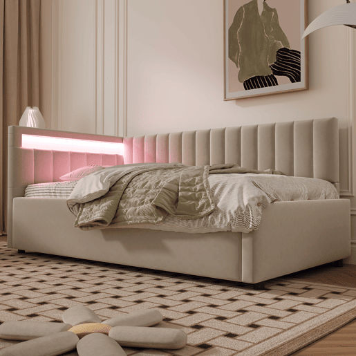 Cama de solteiro de veludo 90x200 cm com armazenamento e luz led,bege Cama de solteiro de veludo 90x200 cm com armazenamento e luz led,bege