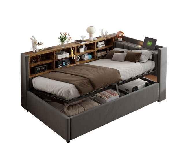 Cama individual de terciopelo 90x200 cm con almacenaje,gris oscuro