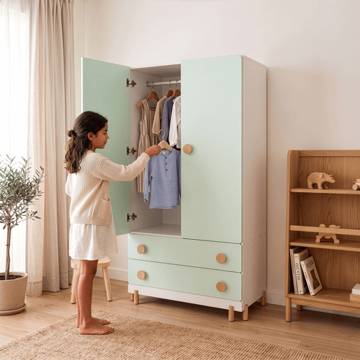 Roupeiro infantil Vaarentaa 2 gavetas 156x80x41 cm BrancoVerde menta en.casa