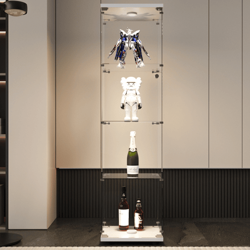 Vitrine com iluminação LED e portas de vidro, vitrine com sensores inteligentes, vitrine de vidro de 4 níveis para sala de estar, quarto, escritório, vitrine de colecionador