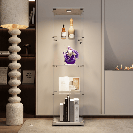 Vitrine com iluminação LED e portas de vidro, vitrine com sensores inteligentes, vitrine de vidro de 4 níveis para sala de estar, quarto, escritório, vitrine de colecionador