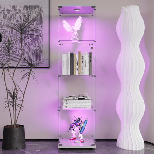 Vitrine com iluminação LED e portas de vidro, vitrine com sensores inteligentes, vitrine de vidro de 4 níveis para sala de estar, quarto, escritório, vitrine de colecionador