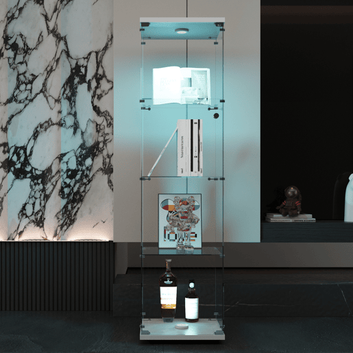 Vitrine com iluminação LED e portas de vidro, vitrine com sensores inteligentes, vitrine de vidro de 4 níveis para sala de estar, quarto, escritório, vitrine de colecionador