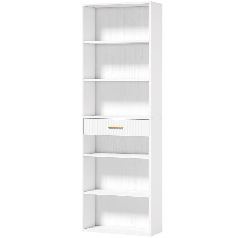 Homcom estantería para libros alta y estrecha, librería de 7 niveles con cajón, 6 compartimentos abiertos, armario para salón, estudio, oficina, 60x24x182 cm, blanco