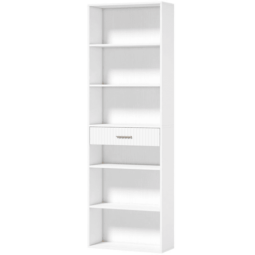 HOMCOM Estante para Livros Alta e Estreita, Estante de 7 Níveis com Gaveta, 6 Compartimentos Abertos, para Sala, Escritório ou Quarto, 60x24x182 cm, Branco
