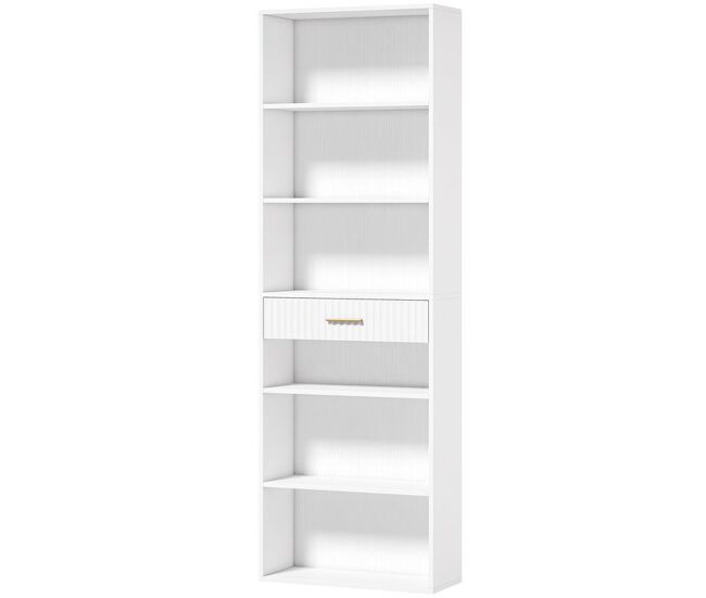 Homcom estantería para libros alta y estrecha, librería de 7 niveles con cajón, 6 compartimentos abiertos, armario para salón, estudio, oficina, 60x24x182 cm, blanco