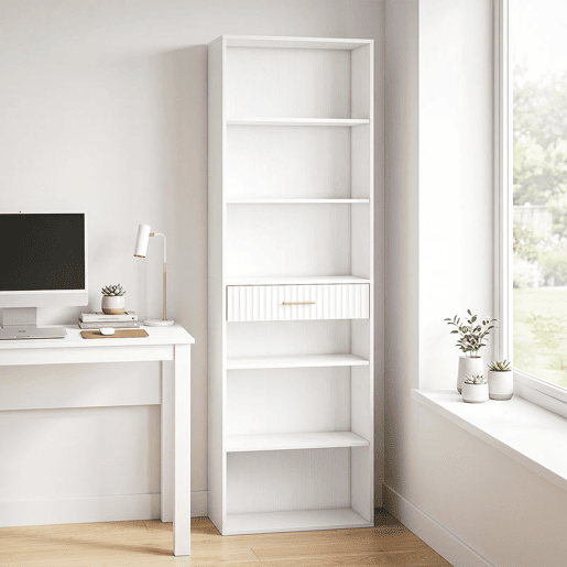 HOMCOM Estante para Livros Alta e Estreita, Estante de 7 Níveis com Gaveta, 6 Compartimentos Abertos, para Sala, Escritório ou Quarto, 60x24x182 cm, Branco