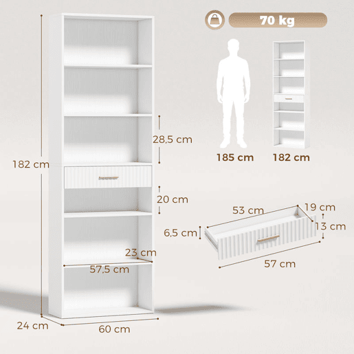HOMCOM Estante para Livros Alta e Estreita, Estante de 7 Níveis com Gaveta, 6 Compartimentos Abertos, para Sala, Escritório ou Quarto, 60x24x182 cm, Branco