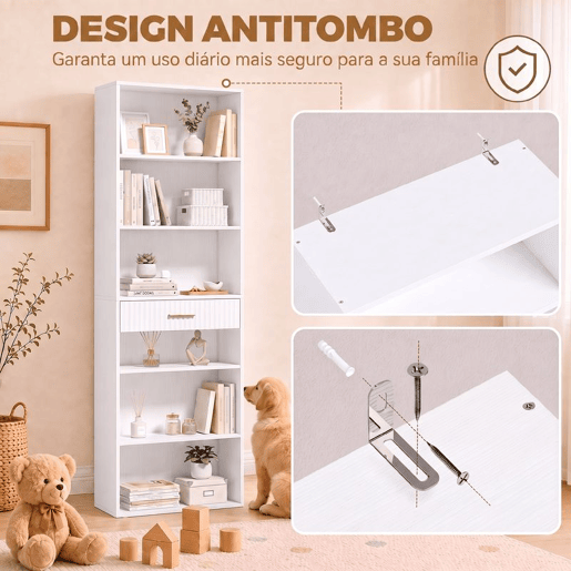 HOMCOM Estante para Livros Alta e Estreita, Estante de 7 Níveis com Gaveta, 6 Compartimentos Abertos, para Sala, Escritório ou Quarto, 60x24x182 cm, Branco