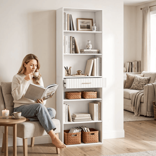 HOMCOM Estante para Livros Alta e Estreita, Estante de 7 Níveis com Gaveta, 6 Compartimentos Abertos, para Sala, Escritório ou Quarto, 60x24x182 cm, Branco