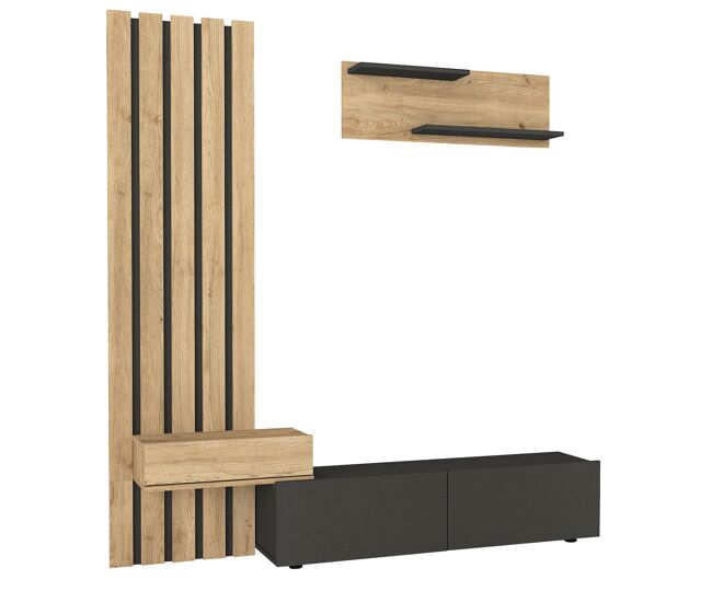 Mueble TV Sepet con panel de listones y estante, conjunto de salón moderno en roble y antracita, con almacenaje cerrado