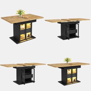Mesa de jantar extensível retangular 110-140máx cm de mdf com luz led,preto+madeira