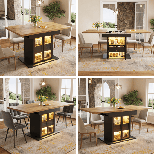 Mesa de jantar extensível retangular 110-140máx cm de mdf com luz led,preto+madeira Mesa de jantar extensível retangular 110-140máx cm de mdf com luz led,preto+madeira