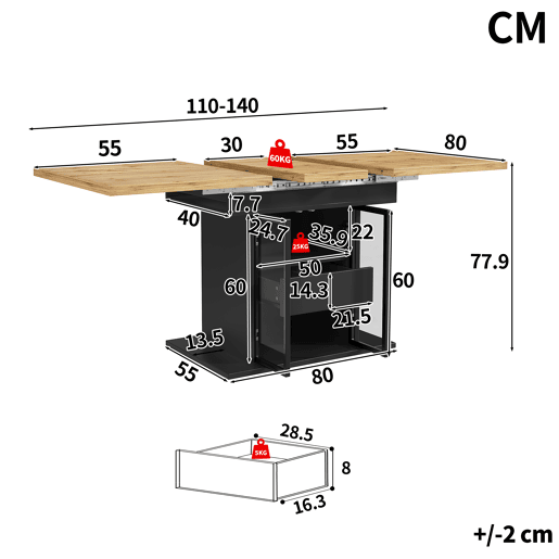 Mesa de jantar extensível retangular 110-140máx cm de mdf com luz led,preto+madeira Mesa de jantar extensível retangular 110-140máx cm de mdf com luz led,preto+madeira