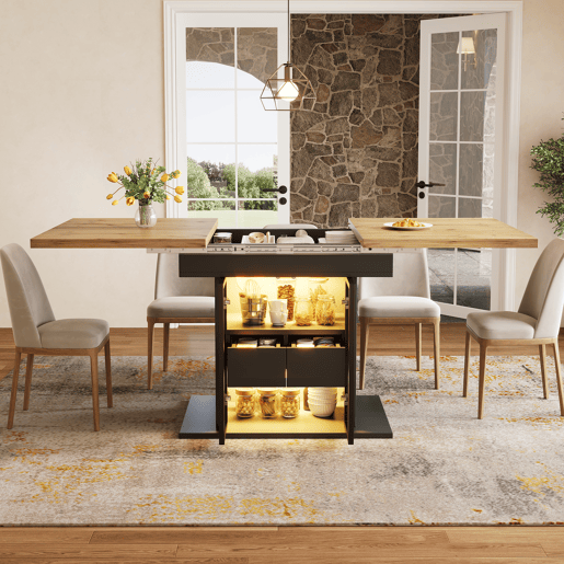Mesa de jantar extensível retangular 110-140máx cm de mdf com luz led,preto+madeira Mesa de jantar extensível retangular 110-140máx cm de mdf com luz led,preto+madeira