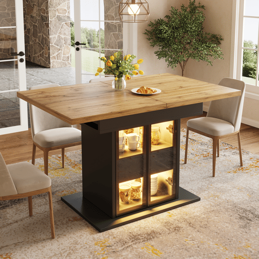 Mesa de jantar extensível retangular 110-140máx cm de mdf com luz led,preto+madeira Mesa de jantar extensível retangular 110-140máx cm de mdf com luz led,preto+madeira
