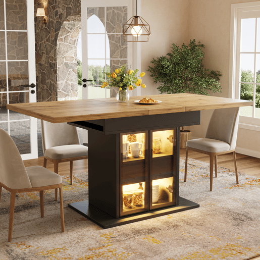 Mesa de jantar extensível retangular 110-140máx cm de mdf com luz led,preto+madeira Mesa de jantar extensível retangular 110-140máx cm de mdf com luz led,preto+madeira
