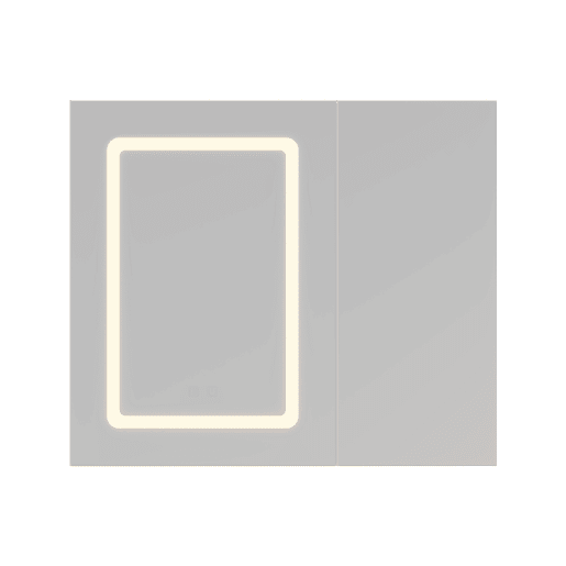 Armário com espelho para banheiro branco 70x60x13,5 cm u2013 Armário com espelho duplo em LED com controle por toque, função antiembaçante e prateleiras de vidro com altura ajustável. Armário com espelho para banheiro branco 70x60x13,5 cm u2013 Armário com espelho duplo em LED com controle por toque, função antiembaçante e prateleiras de vidro com altura ajustável.